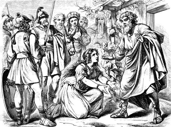 Ascha kneels in front of her father Caleb and said, Give me your blessing, God, marriage to