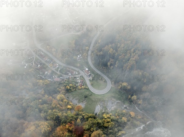 Aerial view of the viewpoint, shovels and Hausen Castle, also known as the Hausen ruins, surrounded