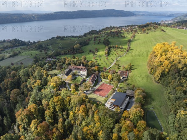 Aerial view of Lake Constance, Überlinger See, surrounded by autumn vegetation with Spetzgart