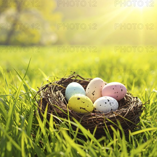 Nest with easter eggs in a basket on grass, sunny spring day, fresh beautiful landscape at