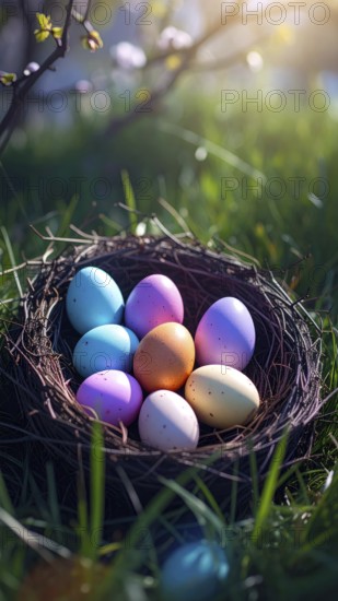 Nest with easter eggs in a basket on grass, sunny spring day, fresh beautiful landscape at