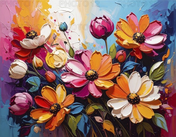 Closeup of abstract rough colorful multicolored organic floral spring flowers art painting texture,