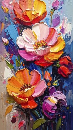 Closeup of abstract rough colorful multicolored organic floral spring flowers art painting texture,