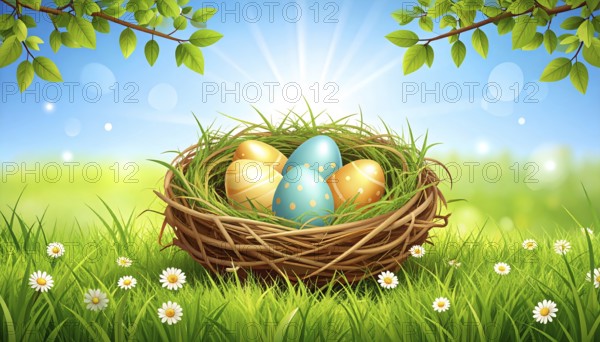 Nest with easter eggs in grass on a sunny spring day, Easter wallpaper decoration drawing, banner,