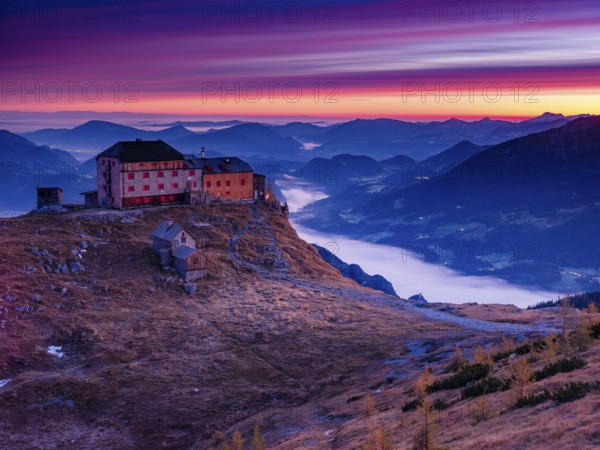 Watzmannhaus at dawn, fog in the valley, Berchtesgaden National Park, Schönau am Königssee,
