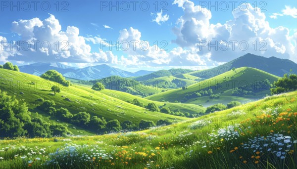 Fresh summer hilly Landscape with blooming Meadow, green plants, Blue Sky with cloudy sky, serene