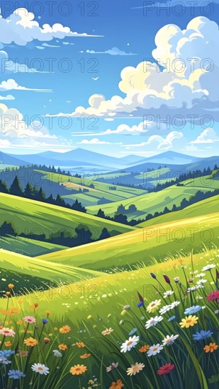Fresh summer hilly Landscape with blooming Meadow, green plants, Blue Sky with cloudy sky, serene