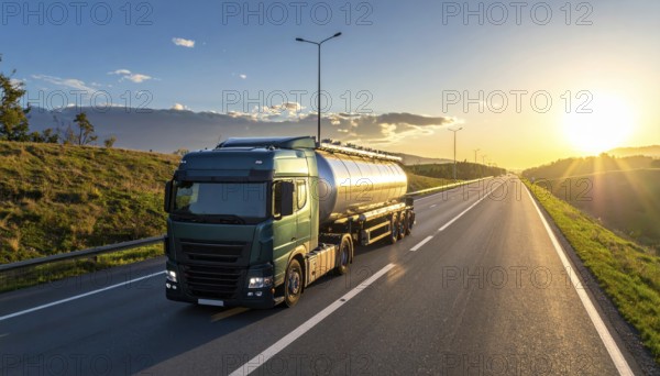 Petrol cargo truck lorry tanker driving on highway hauling oil products at sunrise, wide hilly