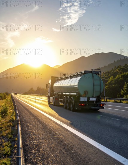 Petrol cargo truck lorry tanker driving on highway hauling oil products at sunrise, wide hilly
