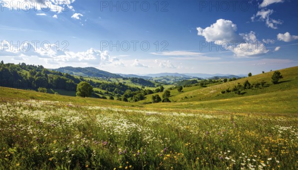 Fresh summer hilly Landscape with blooming Meadow, green plants, Blue Sky with cloudy sky, serene