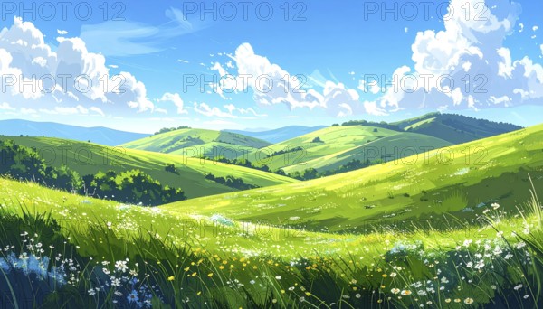 Fresh summer hilly Landscape with blooming Meadow, green plants, Blue Sky with cloudy sky, serene
