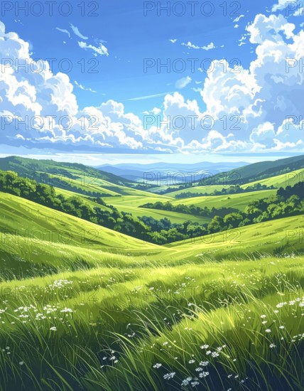 Fresh summer hilly Landscape with blooming Meadow, green plants, Blue Sky with cloudy sky, serene