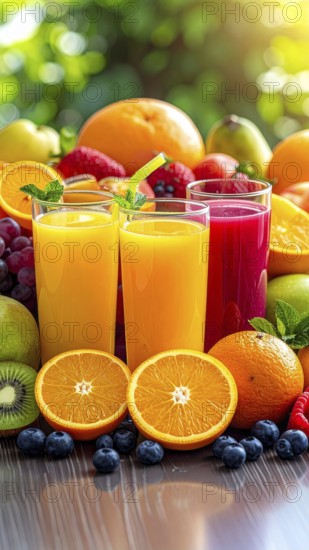 Fresh fruit juices in glasses, surrounded by colorful fruits, showcasing healthy drinking and