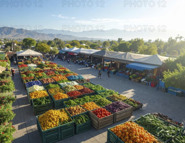 Traditional Mexican plaza with crates of peppers, onions, and tomatoes, economic prosperity in