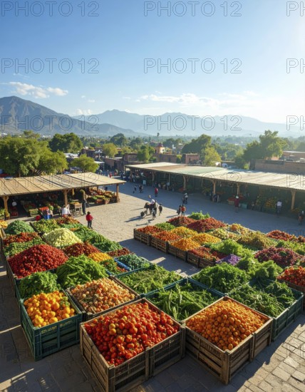 Traditional Mexican plaza with crates of peppers, onions, and tomatoes, economic prosperity in