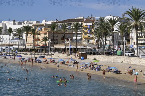 View of the beach and old town of Jávea or Xàbia, Alicante Province, Comunidad Valenciana, Spain