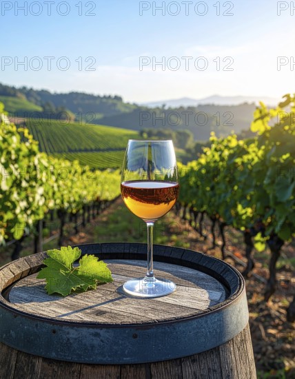 A glass of 10-year-old tawny wine placed on a barrel in a vineyard restaurant, vineyard landscape