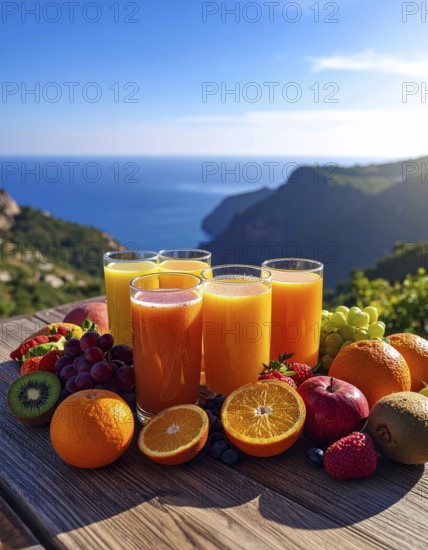 Fresh fruit juices in glasses, surrounded by colorful fruits, showcasing healthy drinking and