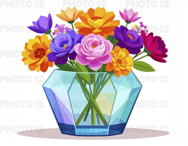 Crystal glass vase with vibrant blooming flowers, vibrant vector drawing illustration for fresh