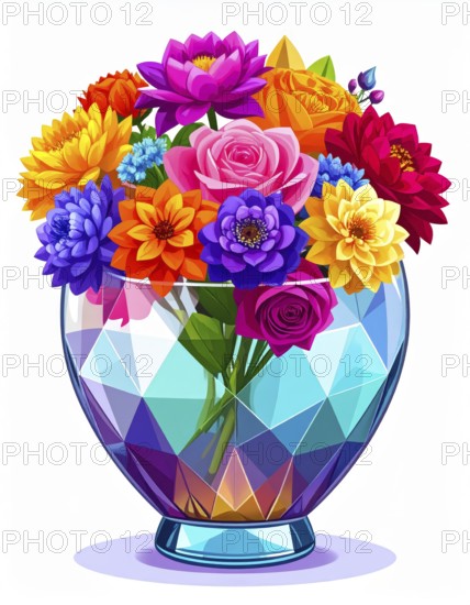 Crystal glass vase with vibrant blooming flowers, vibrant vector drawing illustration for fresh