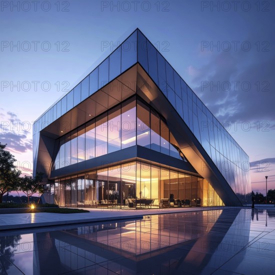 Modern building reflecting sunset light at dusk. Abstract Futuristic Business Background, AI