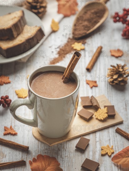 A cup of hot chocolate with cinnamon sticks, cake and autumn decorations