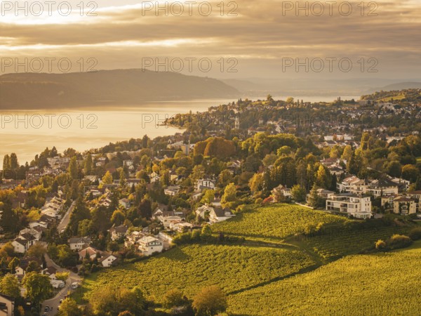 A view of an urban landscape with a lake surrounded by autumn tones, Überlingen, Lake Constance,