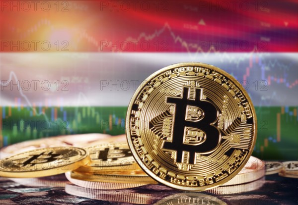 Bitcoin with Hungary flag in the background. Investors in cryptocurrency and Blockchain Technology