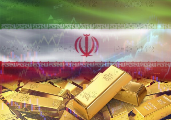 Gold bars on Iran flag in background. Gold bars stacked on Iranian flag. Concept of Iran gold