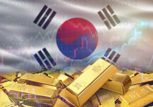 Gold bars on South Korea flag in background. Gold bars stacked on South Korean flag. Concept of
