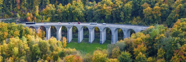 Todsburg bridge on the A8 motorway near Mühlhausen. Alpine climb to the Swabian Jura in autumn. The