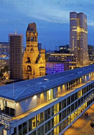 Bikini Berlin with Kaiser Wilhelm Memorial Church from an elevated position in the evening,