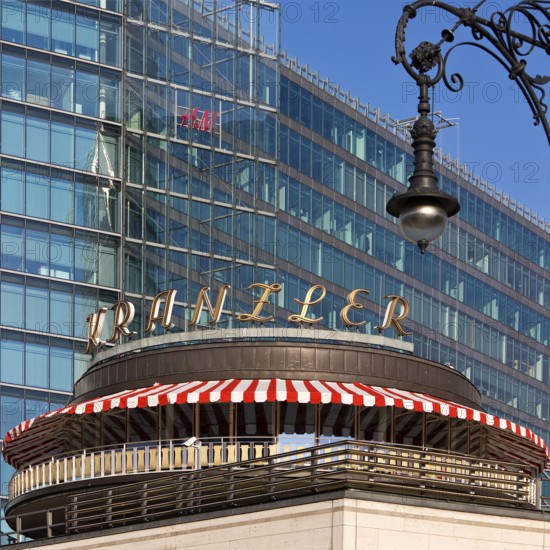 Café Kranzler with historic lantern and modern office building on Kurfürstendamm, Charlottenburg,