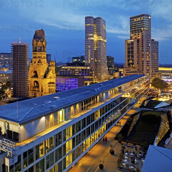 Bikini Berlin with Kaiser Wilhelm Memorial Church from an elevated position in the evening,