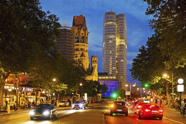 Budapester Straße with Kaiser Wilhelm Memorial Church and Upper West Tower in the evening,