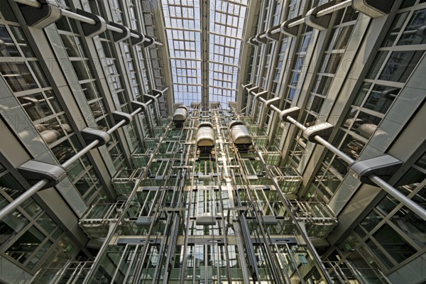 Atrium with three panoramic lifts, interior lift, Ludwig-Erhard-Haus, abbreviated LEH,