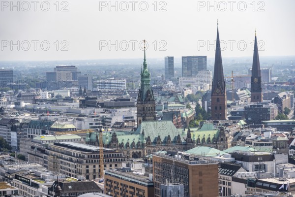 City view, view over the city with church towers and town hall tower, from the tower of St