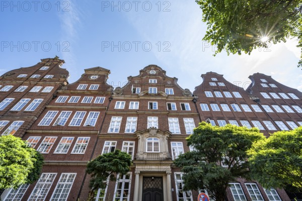 Facades of the historic brick buildings in Peterstraße, with Sonnenstern, Komponistenviertel,