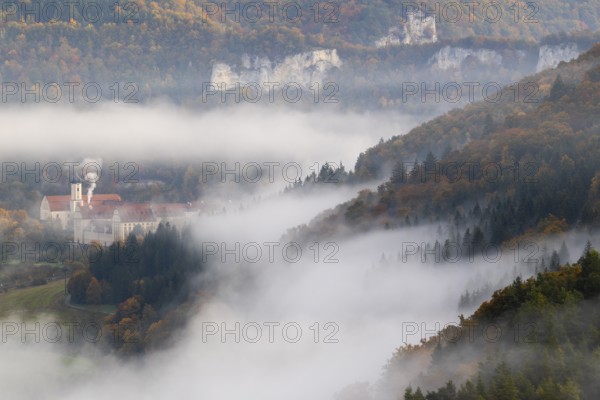 View of Benedictine monastery Beuron, Archabbey of St. Martin, limestone rock, rock face, mixed