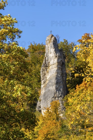 Rock needle mixed forest in autumn colours, limestone rock, autumn, Gutenstein, Danube valley,