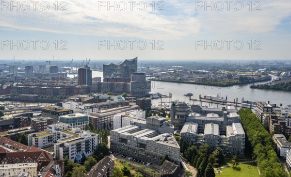 City view, view of the Elbe with Elbphilharmonie, from the tower of St Michael's Church, Hamburg,