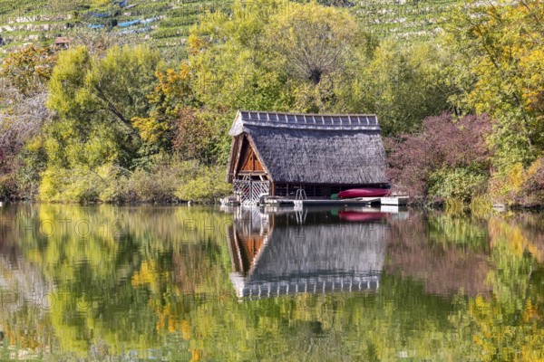 Boathouse on Lake Max-Eyth in autumn with colourful foliage. Stuttgart, Baden-Württemberg, Germany