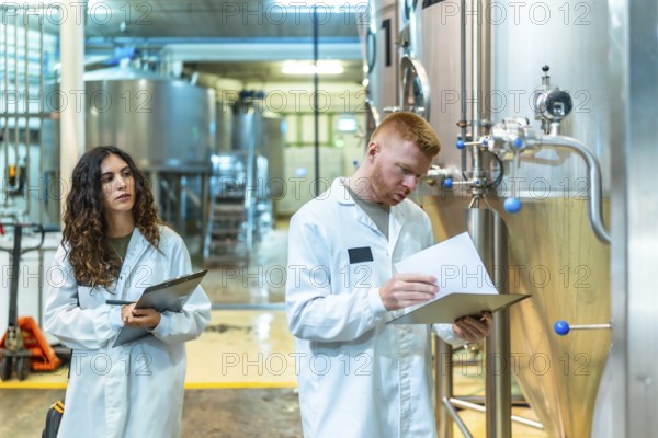 Employees wearing lab coats inspecting production process and quality control data inside a modern