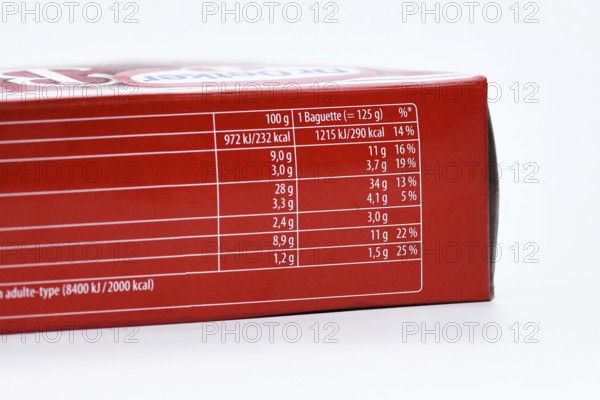 Germany - August 2025: Close up of nutritional label on ready to bake baguette with calories and