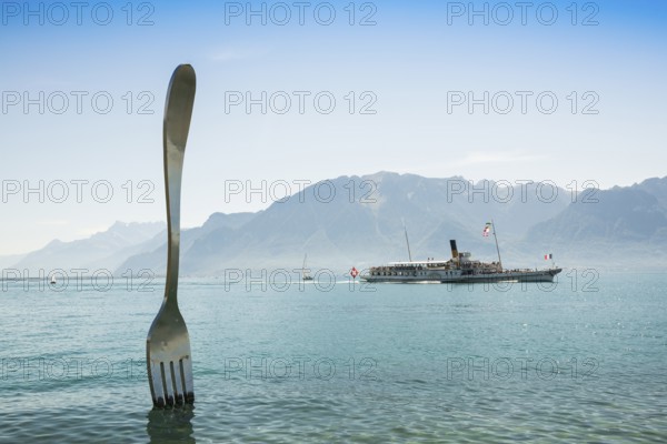 La Fourchette, the fork, sculpture by Jean-Pierre Zaugg, Vevey, Lake Geneva, Lac Léman, Canton of