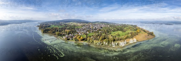 Aerial view, panorama of the Höri peninsula with the headland, called Hornspitze, nature reserve,
