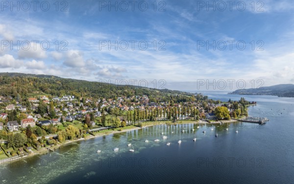 Aerial view, panorama of the village of Wangen on the Höri peninsula with boat moorings and jetty