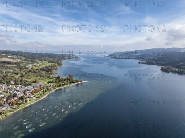 Aerial view of the village of Wangen on the Höri peninsula with boat moorings and jetty on the