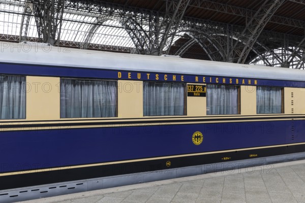 Riveted iron framework in the main railway station, historic train of the Deutsche Reichsbahn,
