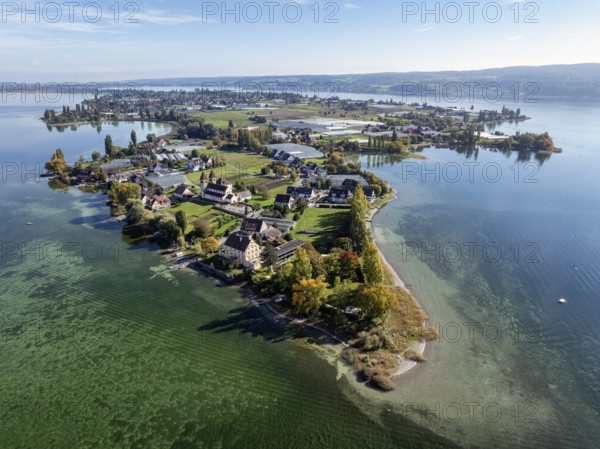 Aerial view of the north-western tip of the island of Reichenau in Lake Constance, with the